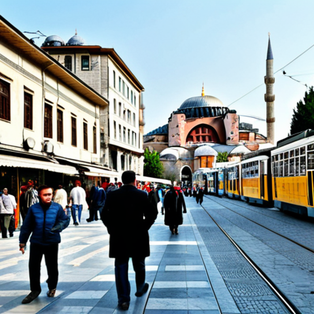 Istanbul Street Scene**

A bustling Istanbul street scene during the day. People are strolling along, some are shopping at local shops. A tram passes by. The scene features a variety of fully clothed individuals in everyday Turkish attire. In the background, the Hagia Sophia is visible. Safe for work, appropriate content, fully clothed, professional photography, perfect anatomy, natural proportions, family-friendly.

**