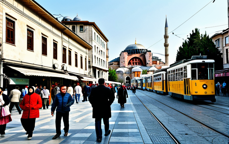 Istanbul Street Scene**

A bustling Istanbul street scene during the day. People are strolling along, some are shopping at local shops. A tram passes by. The scene features a variety of fully clothed individuals in everyday Turkish attire. In the background, the Hagia Sophia is visible. Safe for work, appropriate content, fully clothed, professional photography, perfect anatomy, natural proportions, family-friendly.

**