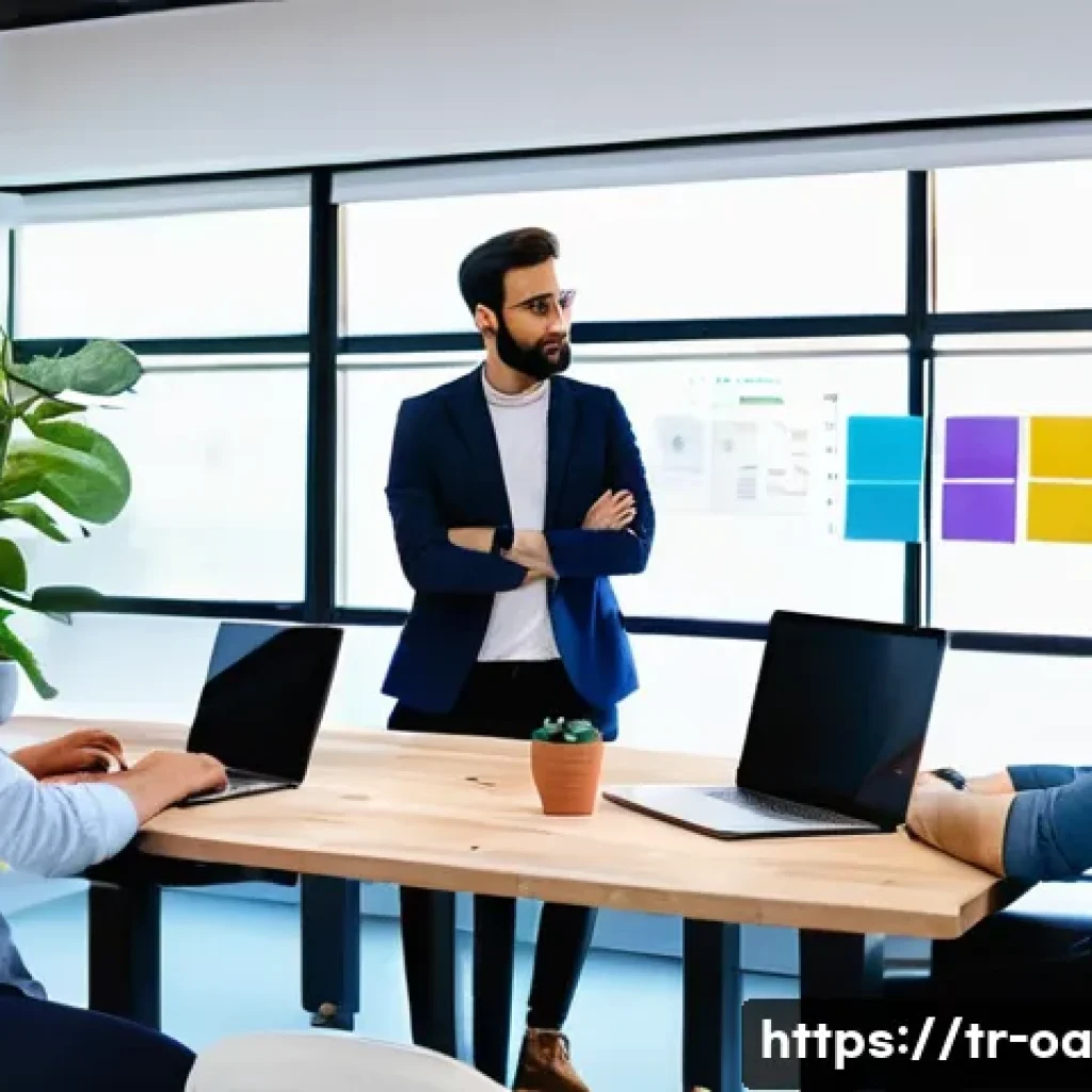 웹 컴포넌트와 디자인 시스템 구축 - A modern web development team collaborating in a bright, stylish Istanbul office, featuring diverse ...