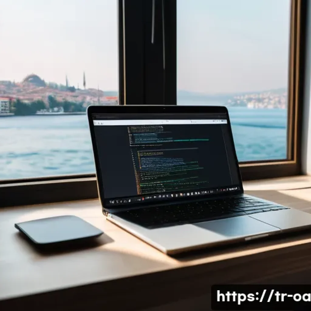 웹 컴포넌트의 소프트웨어 아키텍처 원칙 - A modern web developer workspace in Istanbul, featuring a sleek laptop screen displaying modular web...