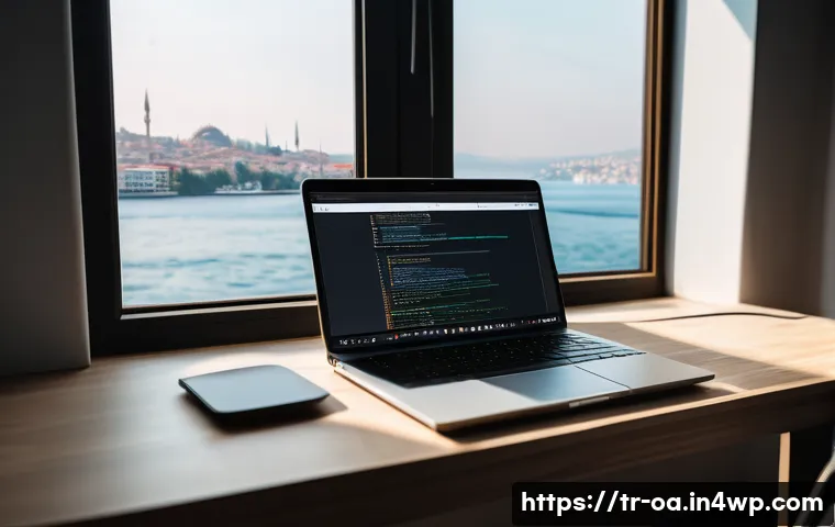 웹 컴포넌트의 소프트웨어 아키텍처 원칙 - A modern web developer workspace in Istanbul, featuring a sleek laptop screen displaying modular web...