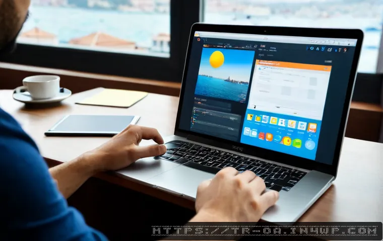 Home 17 웹 컴포넌트를 활용한 애니메이션 효과 구현 - Photorealistic modern web developer workspace in Istanbul, Turkey, laptop displaying abstract colorf...