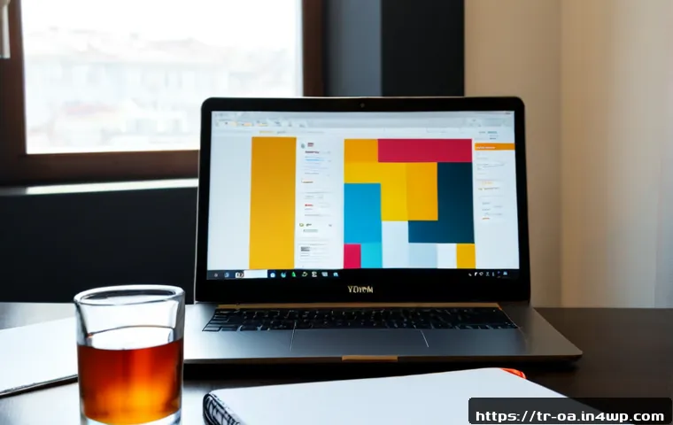 Home 17 웹 컴포넌트와 스타일 가이드 작성 - Photorealistic modern web designer workspace in Istanbul, Turkey, laptop displaying abstract color b...
